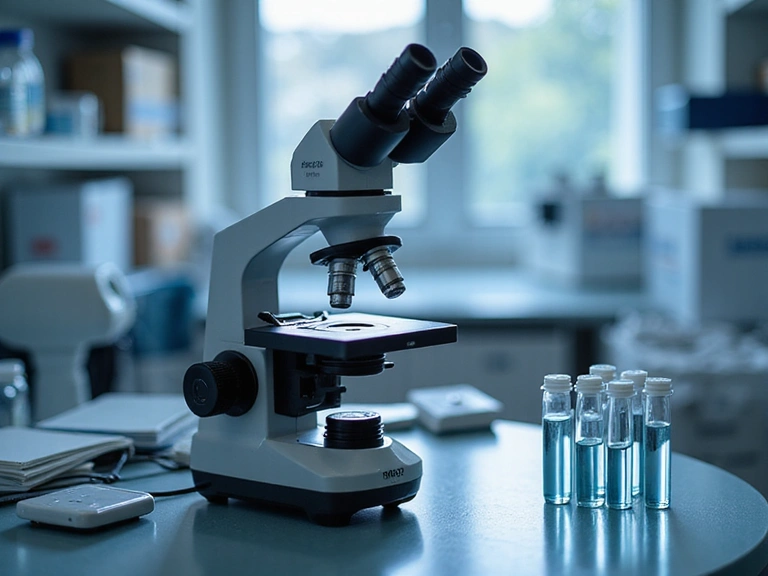 Microscopio e provette in un laboratorio, simboleggianti ricerca scientifica e innovazione nei prodotti Tuscilor.